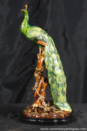 English Majolica Porcelain Peacock Bird Figurine Statue Pottery